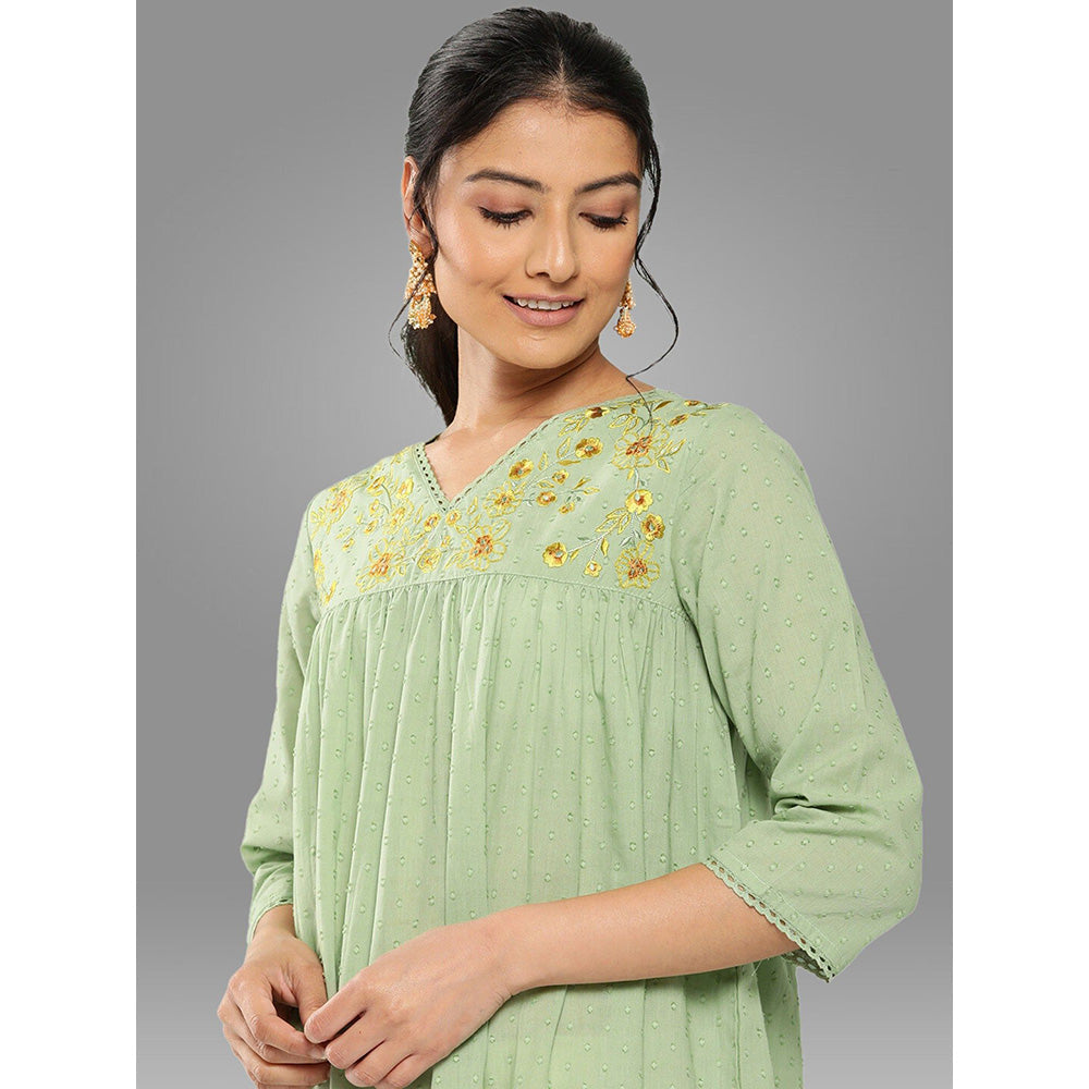 Janasya Womens Sage Green Dobby Cotton Solid Empire Kurta