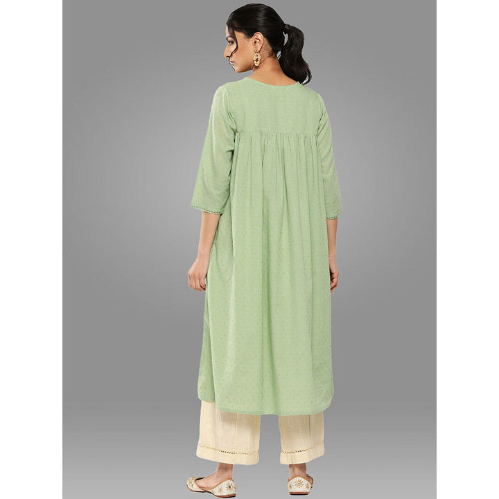 Janasya Womens Sage Green Dobby Cotton Solid Empire Kurta