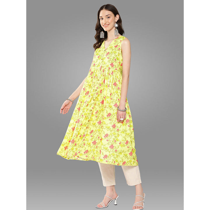 Janasya Womens Lemon Yellow Moss Digital Floral Printed Gathered Kurta