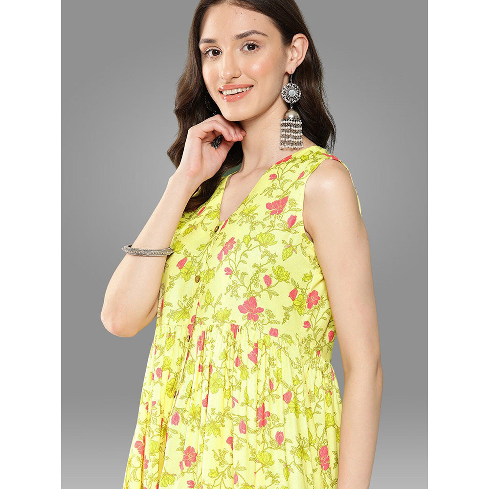 Janasya Womens Lemon Yellow Moss Digital Floral Printed Gathered Kurta