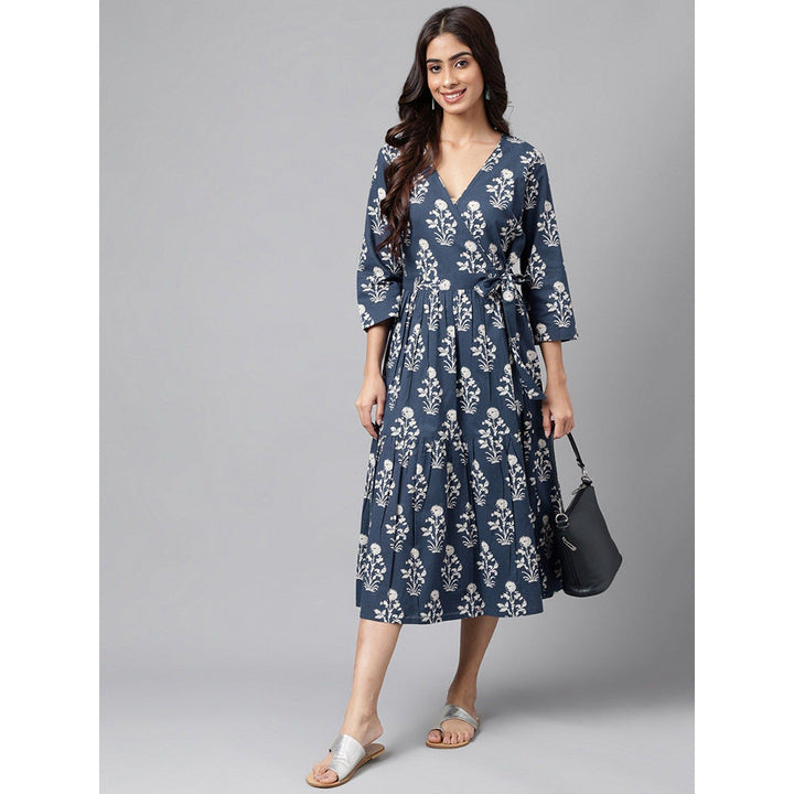 Janasya Womens Navy Blue Cotton Floral Printed Wrap Dress