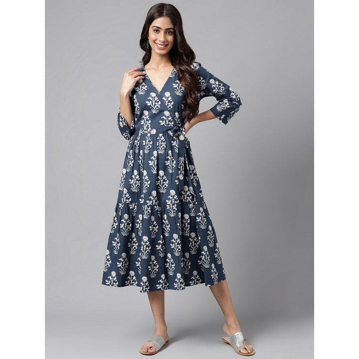 Janasya Womens Navy Blue Cotton Floral Printed Wrap Dress