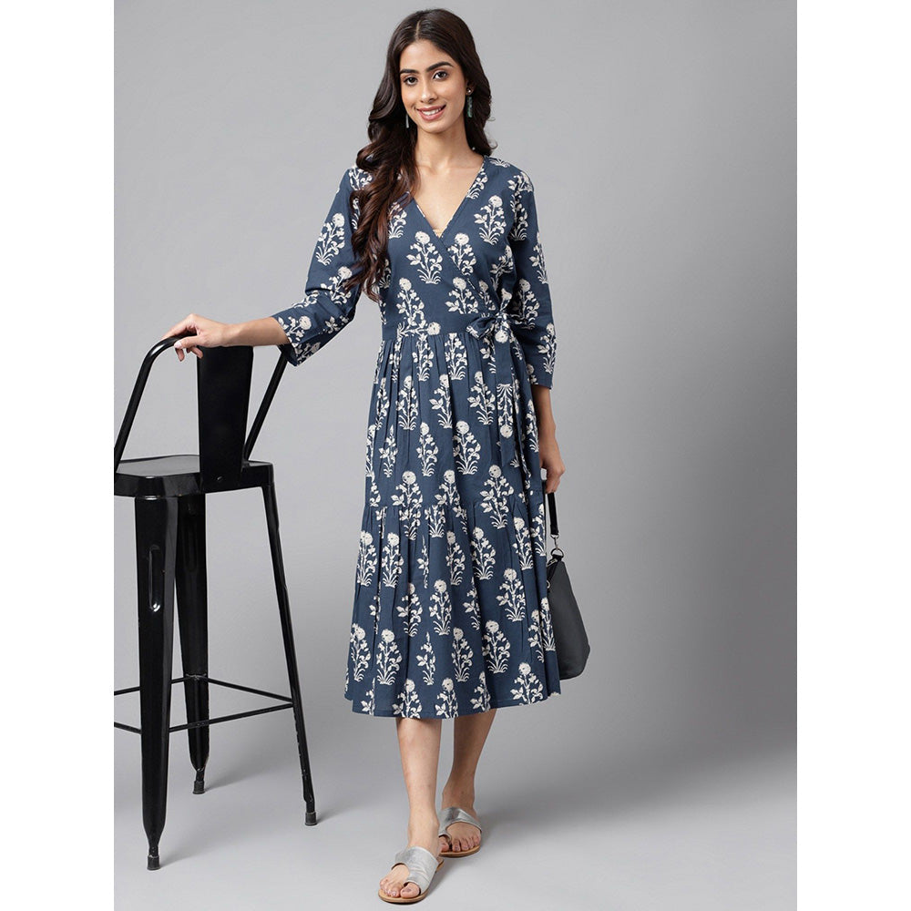 Janasya Womens Navy Blue Cotton Floral Printed Wrap Dress