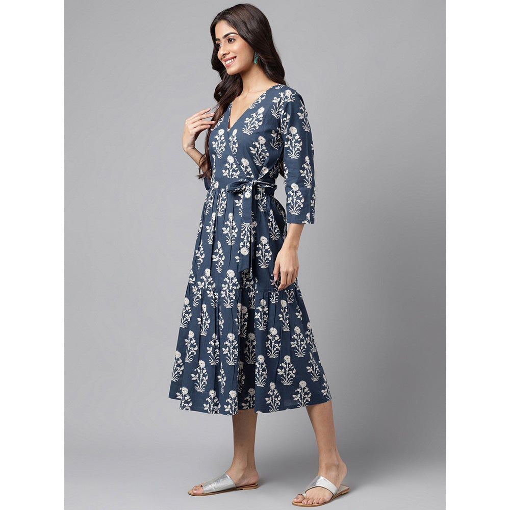 Janasya Womens Navy Blue Cotton Floral Printed Wrap Dress