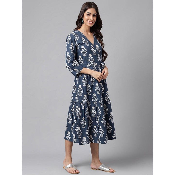 Janasya Womens Navy Blue Cotton Floral Printed Wrap Dress