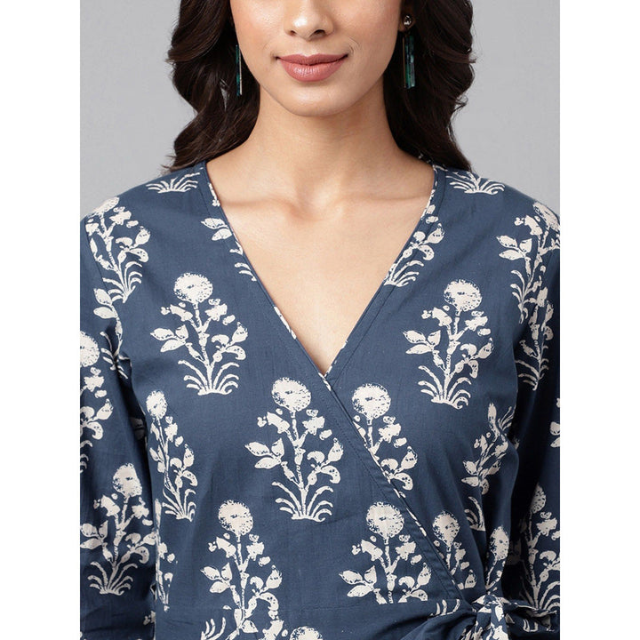 Janasya Womens Navy Blue Cotton Floral Printed Wrap Dress