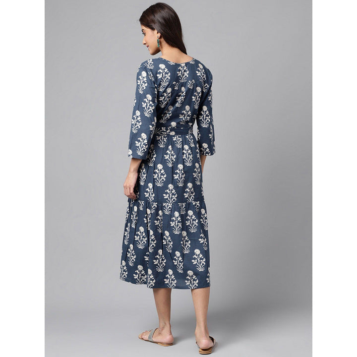 Janasya Womens Navy Blue Cotton Floral Printed Wrap Dress