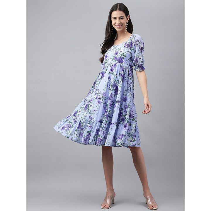 Janasya Womens Lavender Georgette Floral Printed Tiered Dress