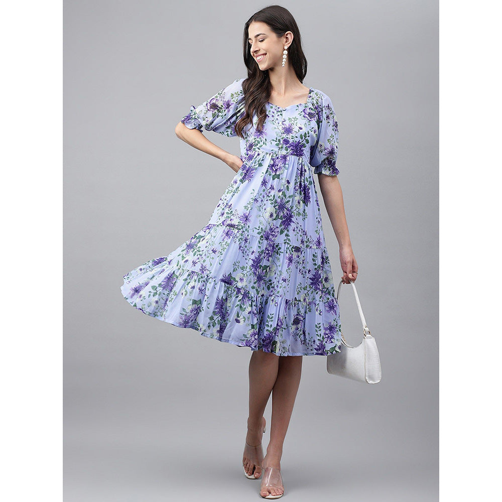 Janasya Womens Lavender Georgette Floral Printed Tiered Dress