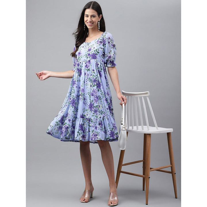 Janasya Womens Lavender Georgette Floral Printed Tiered Dress