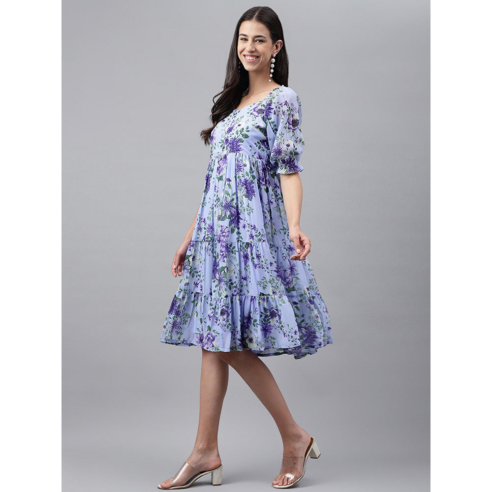 Janasya Womens Lavender Georgette Floral Printed Tiered Dress