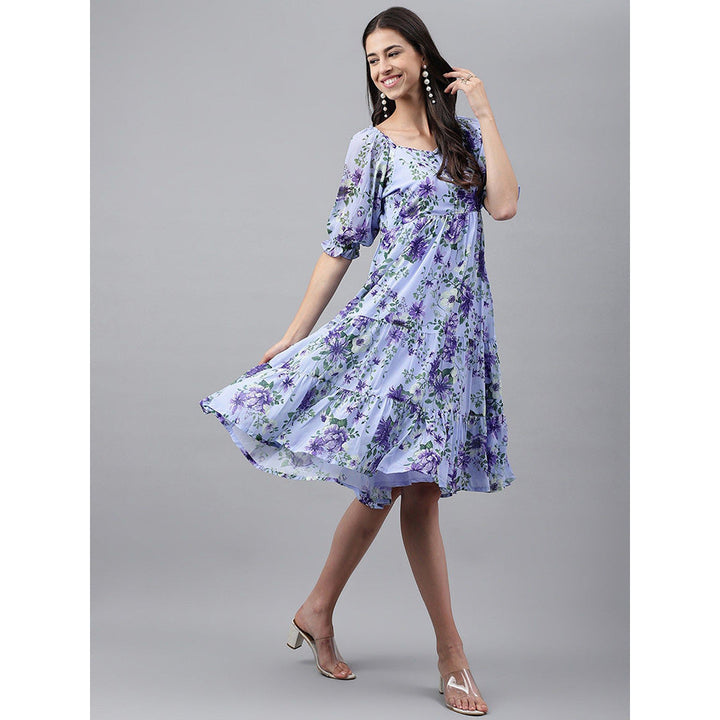 Janasya Womens Lavender Georgette Floral Printed Tiered Dress