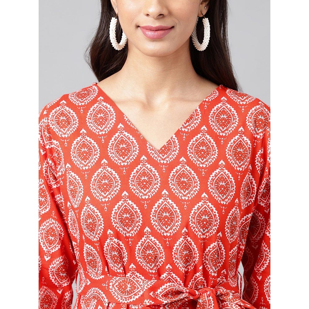 Janasya Womens Orange Cotton Ethnic Motifs Printed Ruffled Dress (Set of 2)