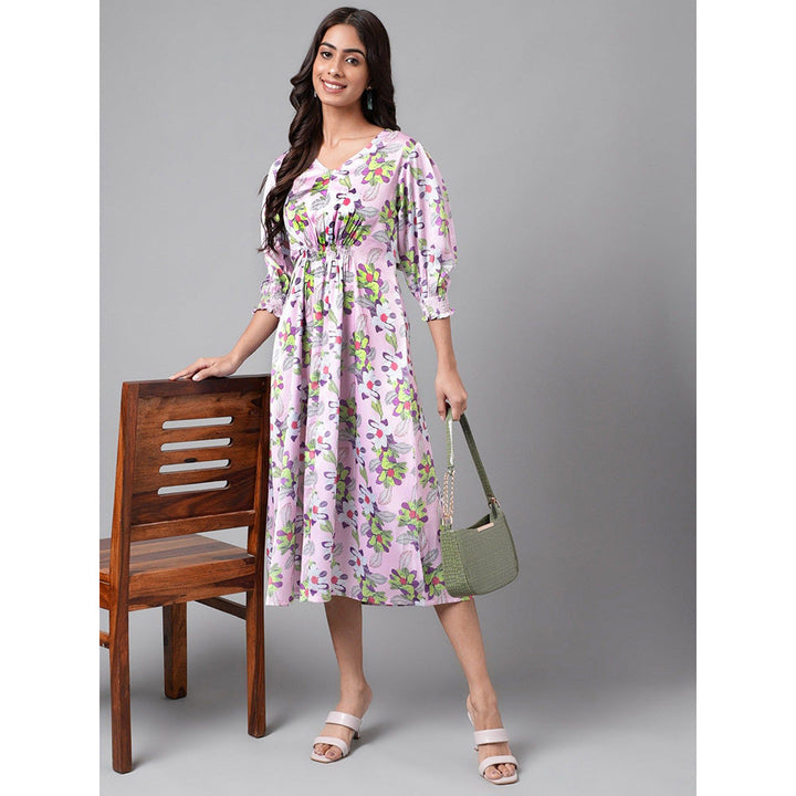Janasya Womens Lavender Satin Digital Floral Printed A-line Dress