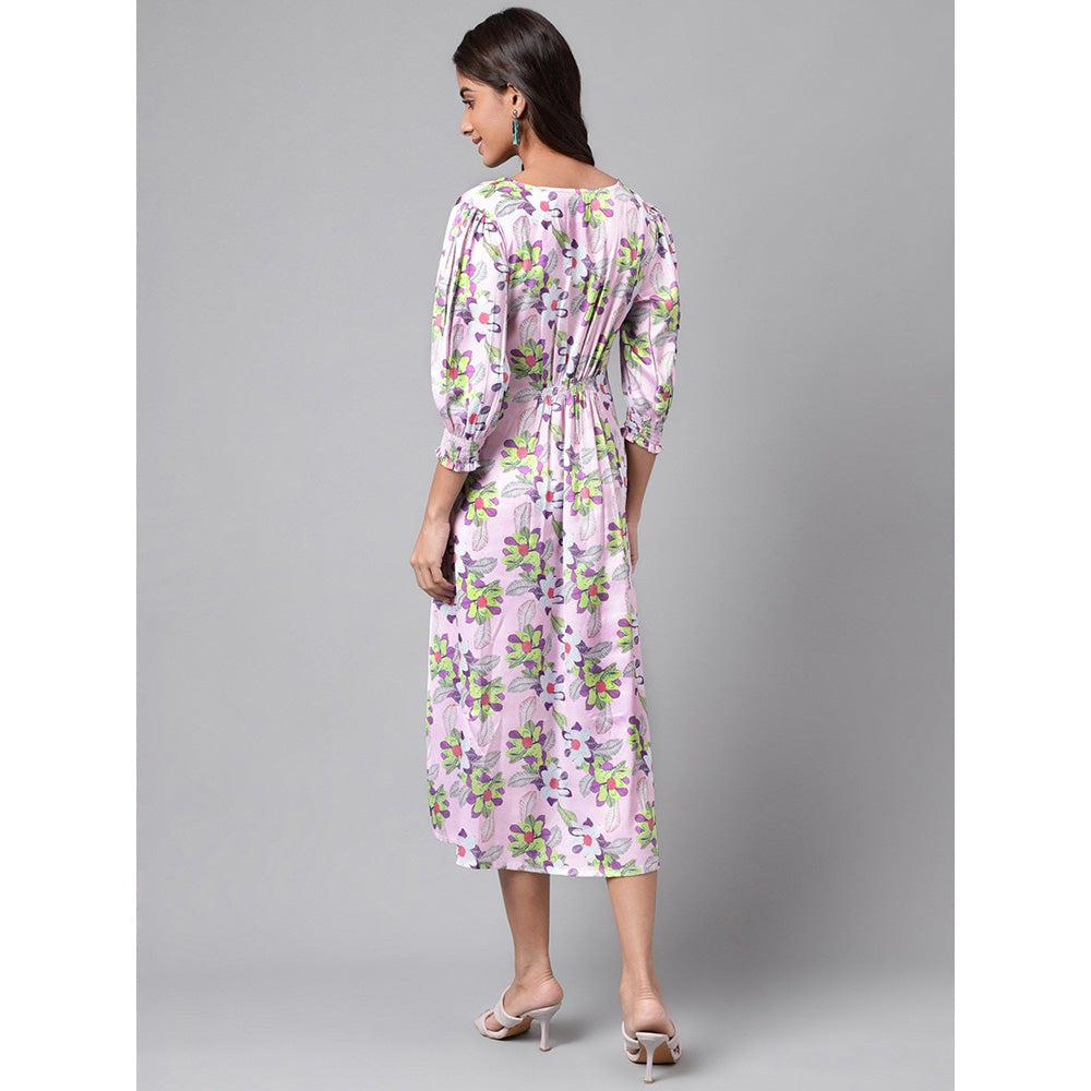Janasya Womens Lavender Satin Digital Floral Printed A-line Dress