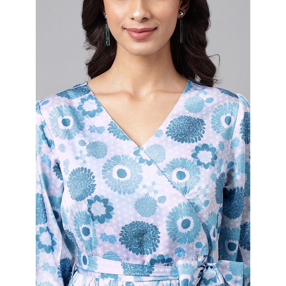 Janasya Womens Grey Satin Digital Floral Printed Flared Dress (Set of 2)