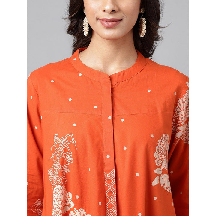 Janasya Womens Orange Cotton Floral Printed Flared Tunic