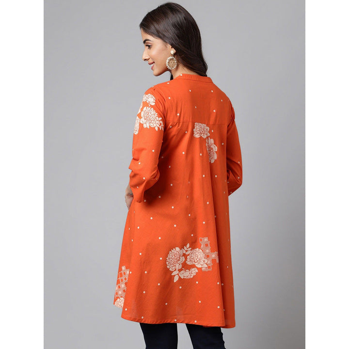 Janasya Womens Orange Cotton Floral Printed Flared Tunic