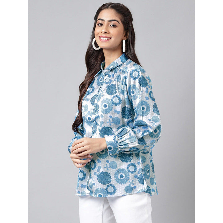 Janasya Womens Grey Satin Digital Floral Printed Shirt Style Top