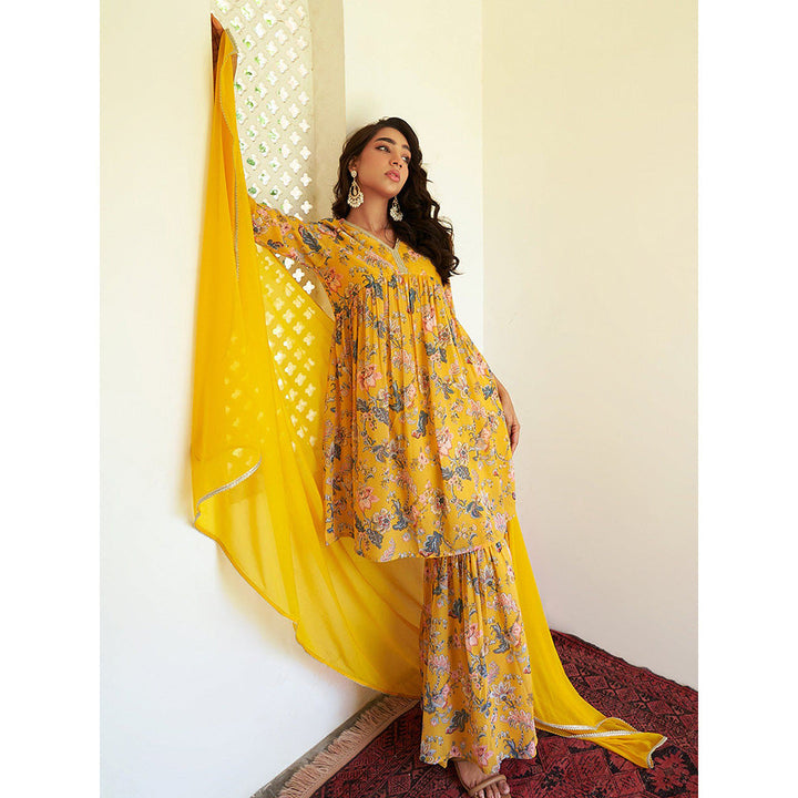 Janasya Women's Yellow Georgette Floral Printed Kurta with Sharara and Dupatta (Set of 3)