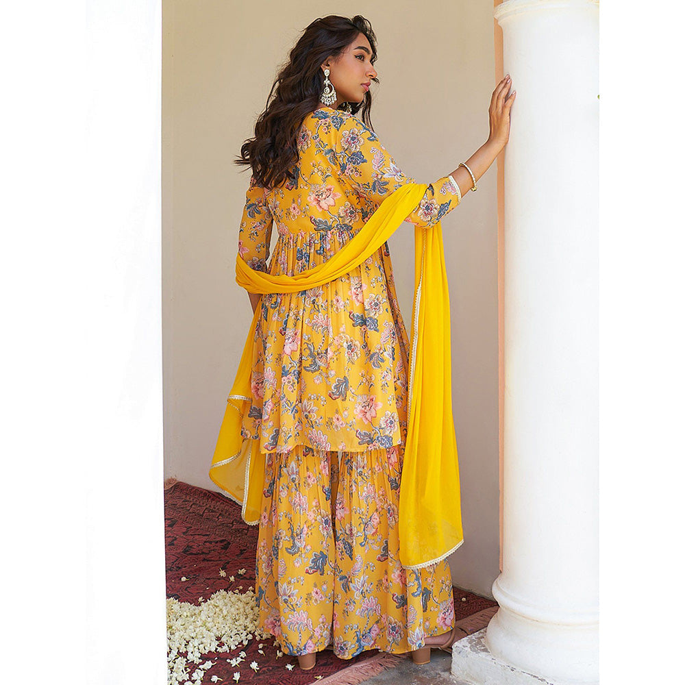 Janasya Women's Yellow Georgette Floral Printed Kurta with Sharara and Dupatta (Set of 3)