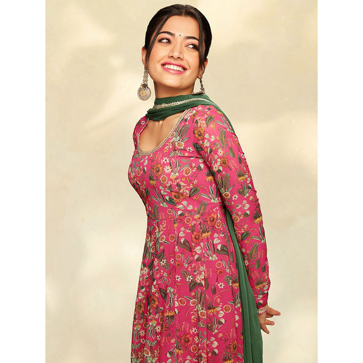 Janasya Women's Pink Georgette Floral Printed Kurta with Palazzo and Dupatta (Set of 3)