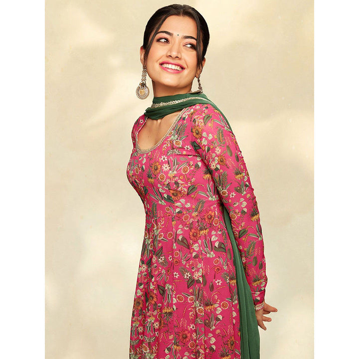 Janasya Women's Pink Georgette Floral Printed Kurta with Palazzo and Dupatta (Set of 3)