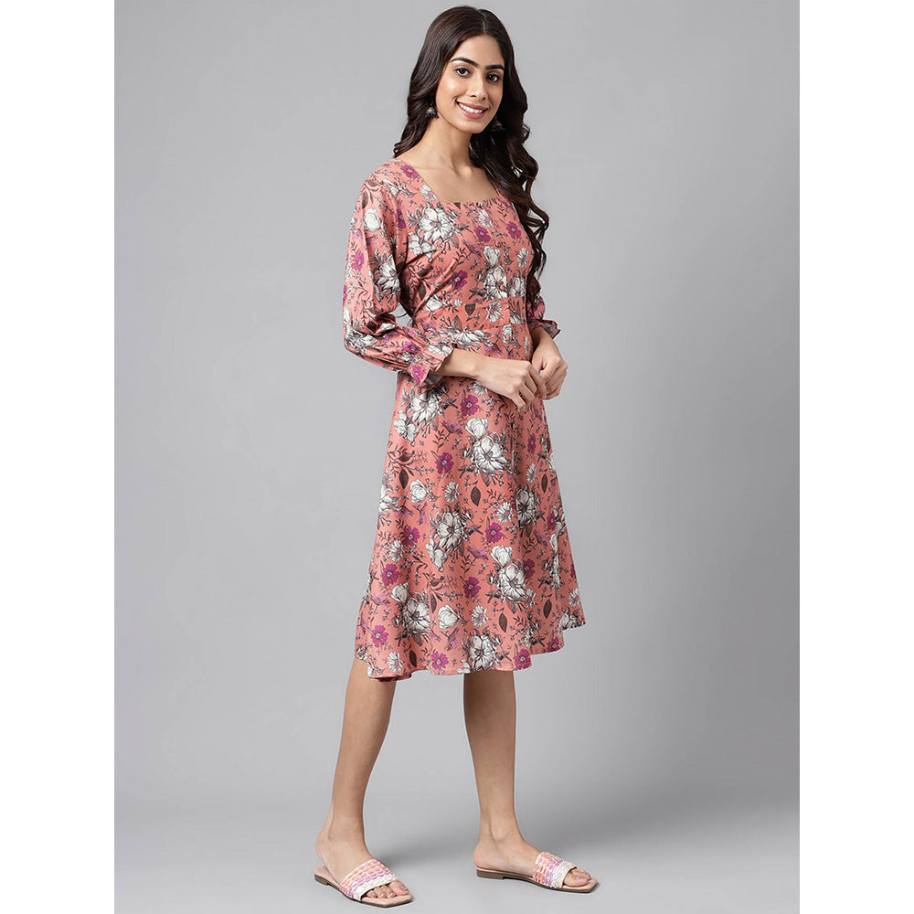 Janasya Womens Peach Moss Floral Printed A Line Knee Length Dress