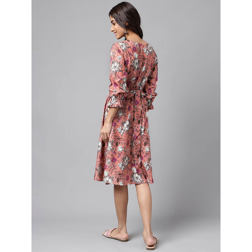 Janasya Womens Peach Moss Floral Printed A Line Knee Length Dress