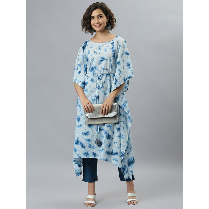 Janasya Sea Blue Cotton Tie-Dye Kaftan Kurta