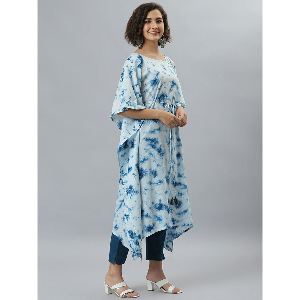 Janasya Sea Blue Cotton Tie-Dye Kaftan Kurta