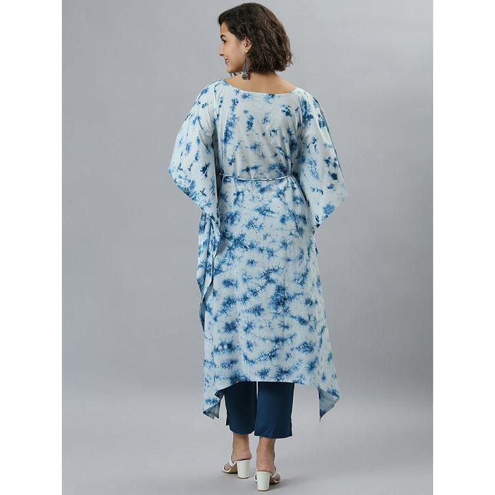 Janasya Sea Blue Cotton Tie-Dye Kaftan Kurta