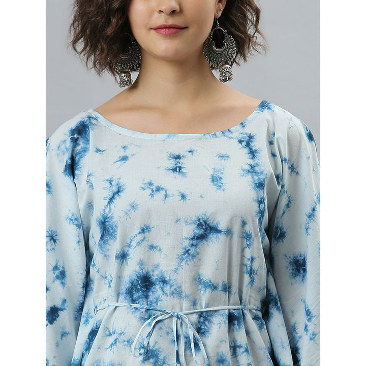 Janasya Sea Blue Cotton Tie-Dye Kaftan Kurta