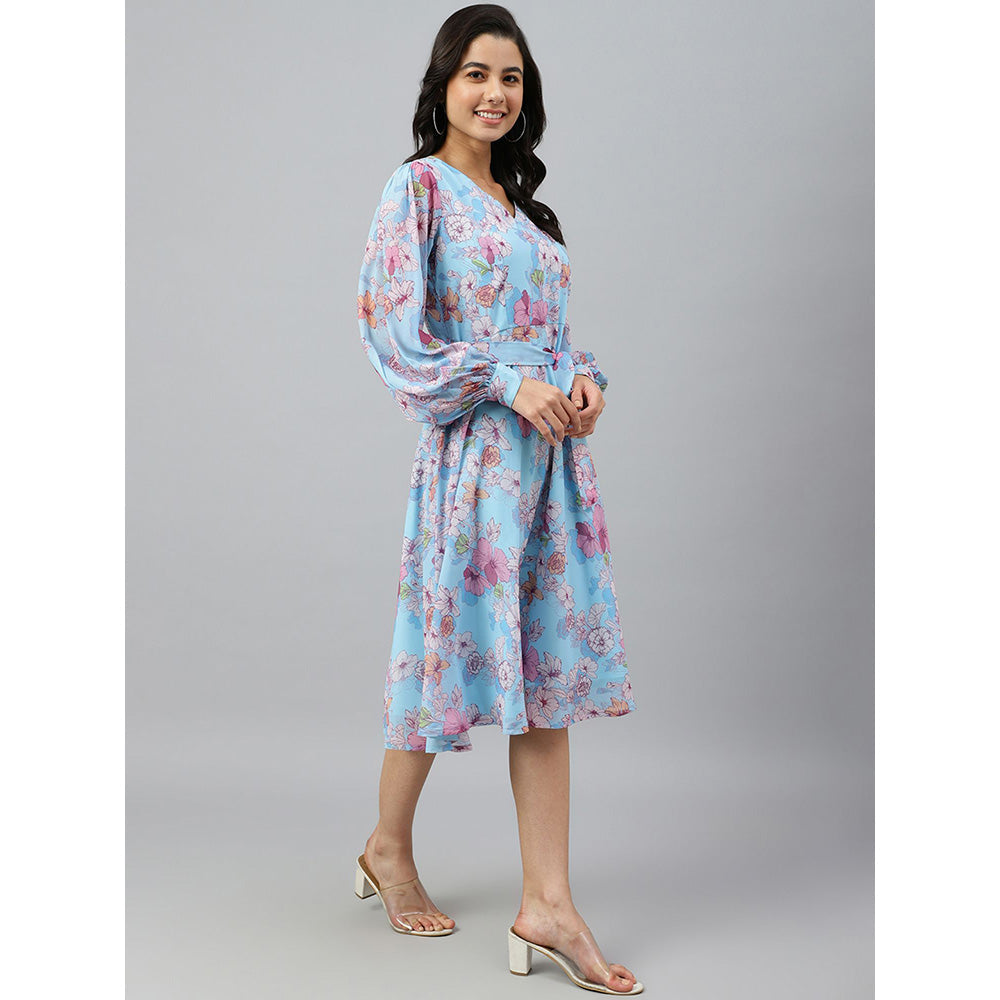 Janasya Sky Blue Georgette Printed Dress (Set of 2)