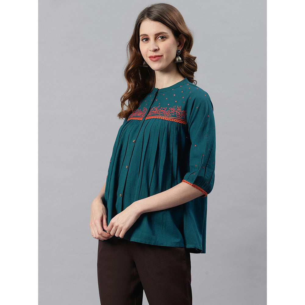 Janasya Green Cotton Flex Embroidered Regular Top