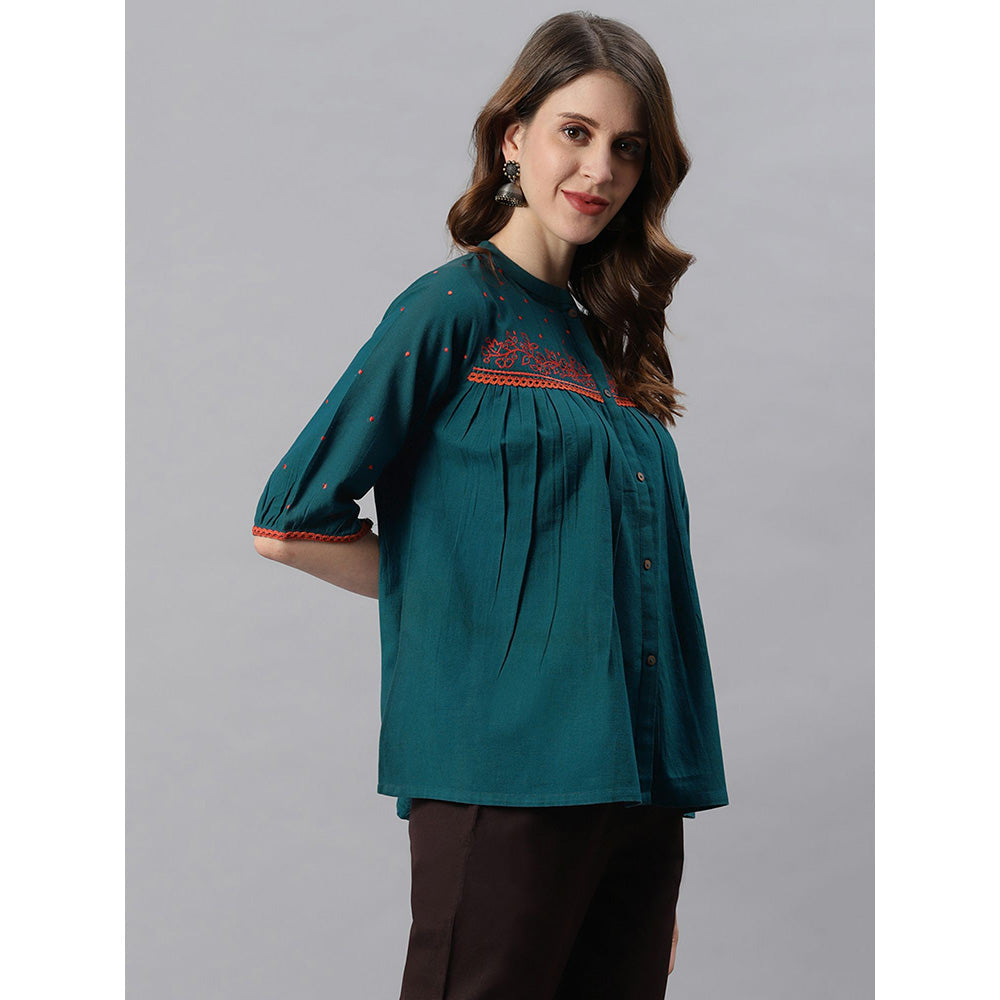 Janasya Green Cotton Flex Embroidered Regular Top