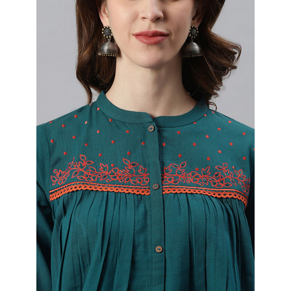 Janasya Green Cotton Flex Embroidered Regular Top