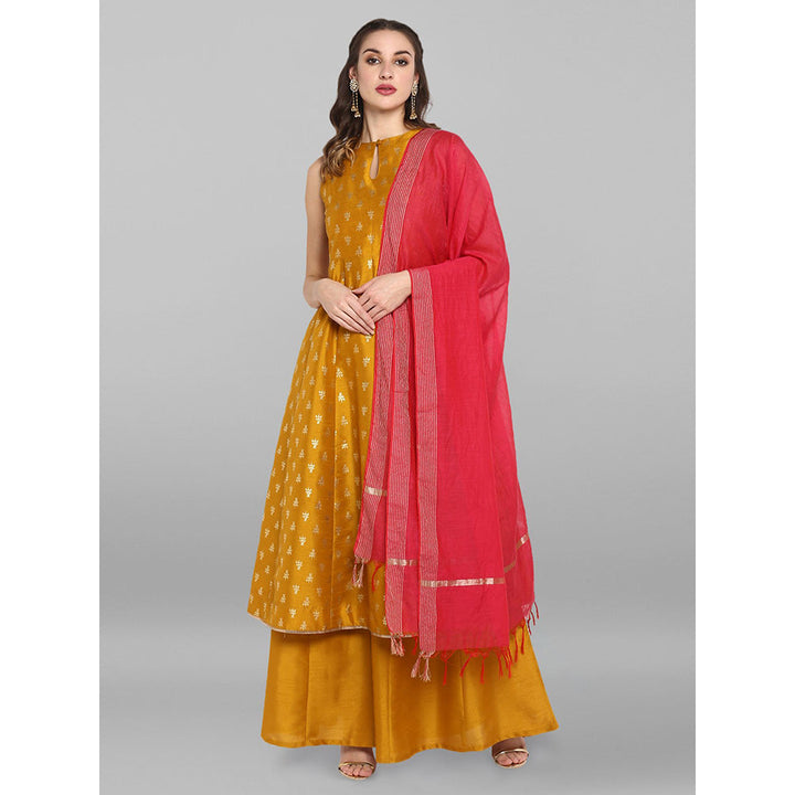 Janasya Mustard Kurta With Palazzo And Dupatta (Set of 3)