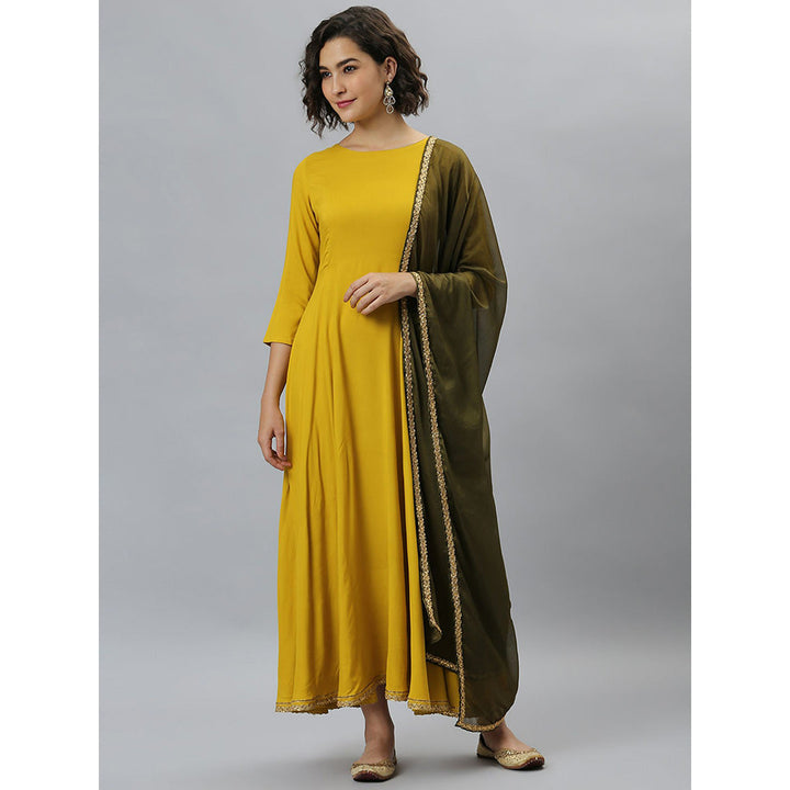 Janasya Mustard Rayon Solid Kurta And Dupatta (Set of 2)