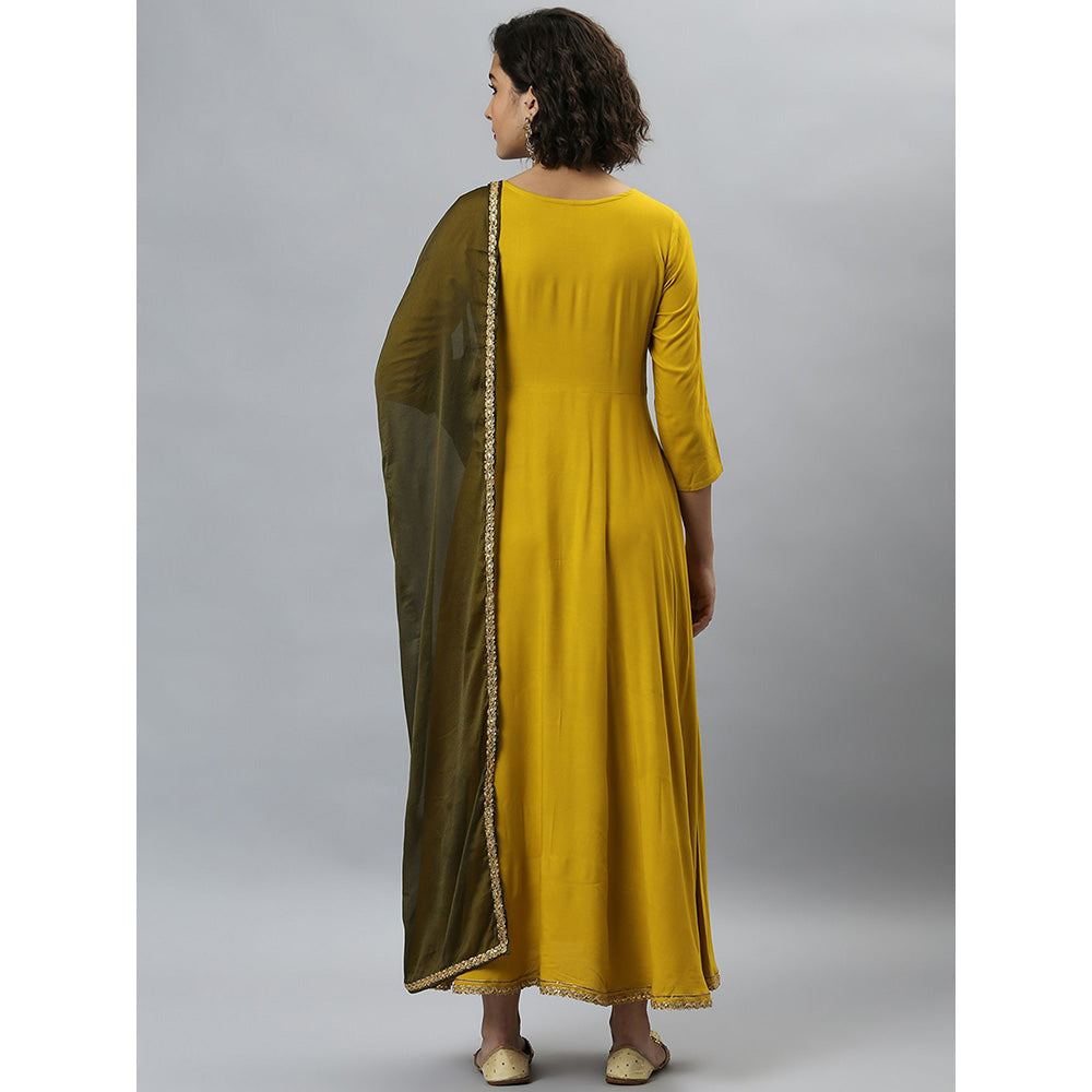 Janasya Mustard Rayon Solid Kurta And Dupatta (Set of 2)