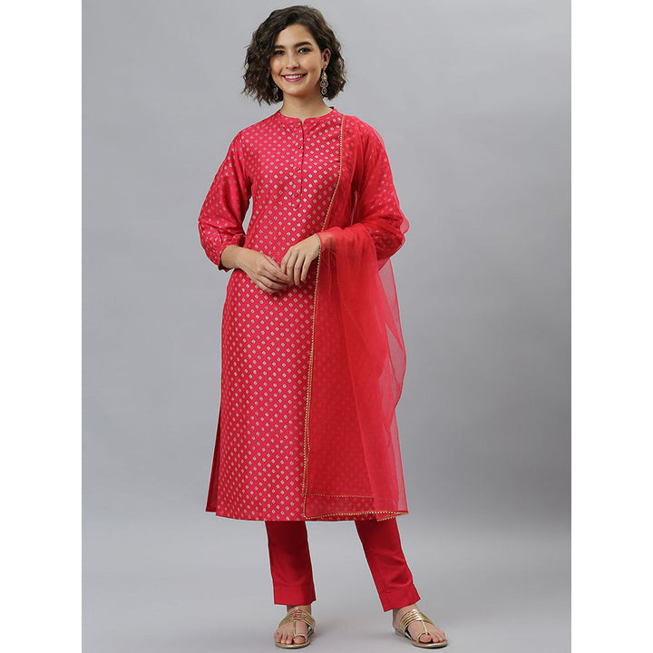 Janasya Pink Printed Kurta With Pant And Dupatta (Set of 3)