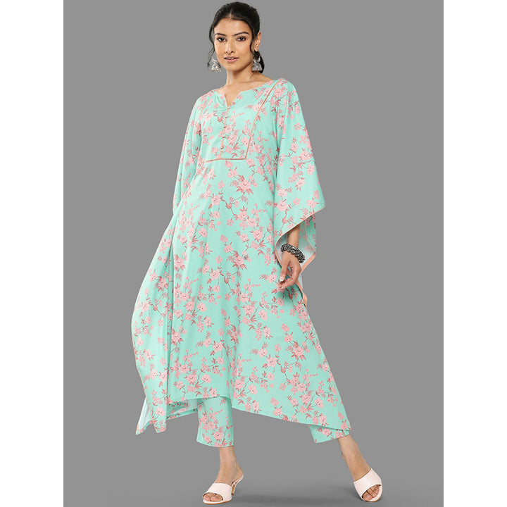 Janasya Womens Sea Green Crepe Digital Printed Kaftan With Pant (Set of 2)