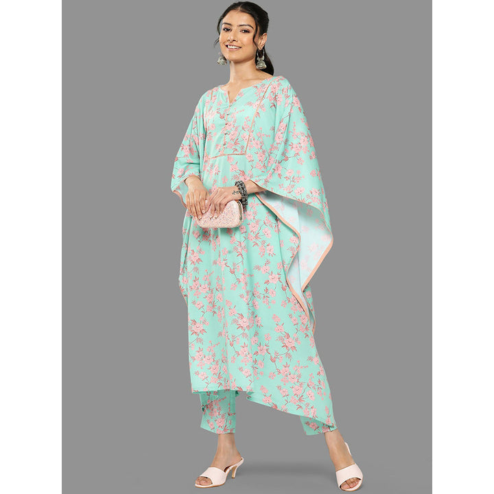 Janasya Womens Sea Green Crepe Digital Printed Kaftan With Pant (Set of 2)