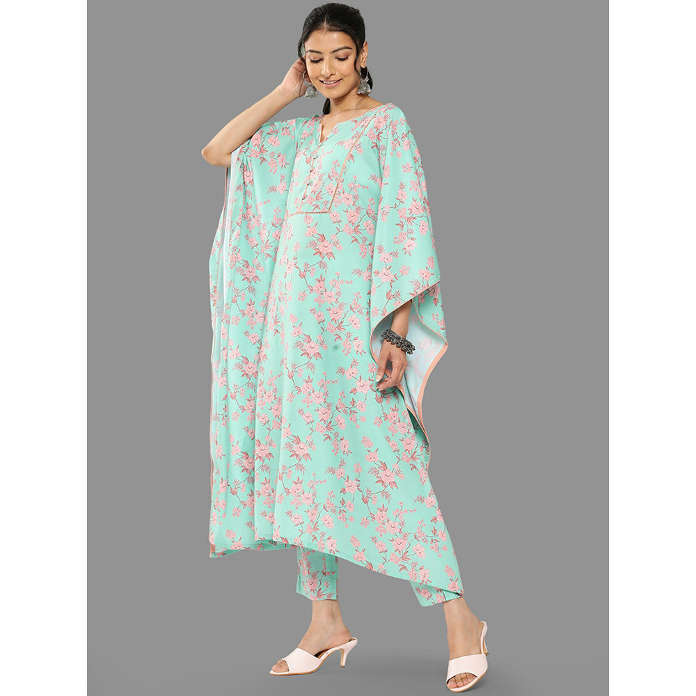 Janasya Womens Sea Green Crepe Digital Printed Kaftan With Pant (Set of 2)