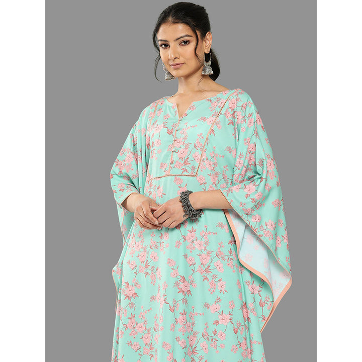 Janasya Womens Sea Green Crepe Digital Printed Kaftan With Pant (Set of 2)