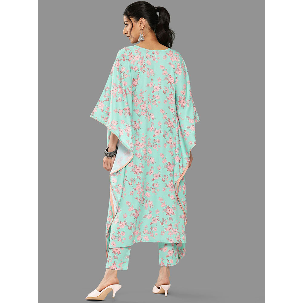 Janasya Womens Sea Green Crepe Digital Printed Kaftan With Pant (Set of 2)