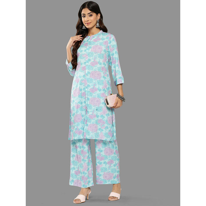 Janasya Womens Sky Blue Crepe Digital Printed Kurta With Palazzo (Set of 2)