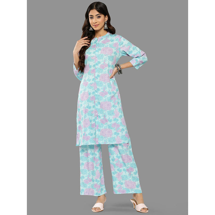 Janasya Womens Sky Blue Crepe Digital Printed Kurta With Palazzo (Set of 2)