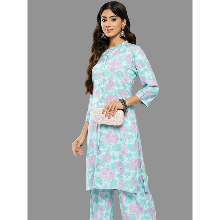 Janasya Womens Sky Blue Crepe Digital Printed Kurta With Palazzo (Set of 2)