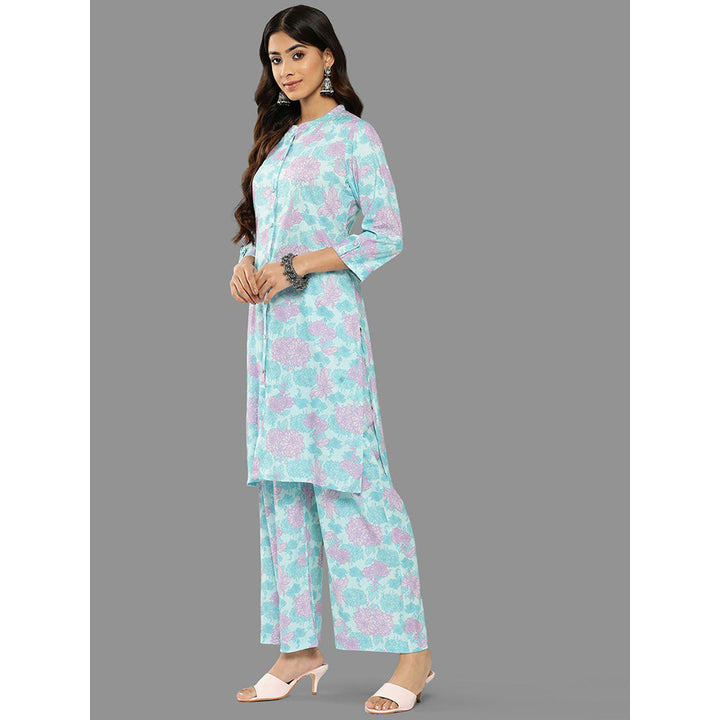 Janasya Womens Sky Blue Crepe Digital Printed Kurta With Palazzo (Set of 2)